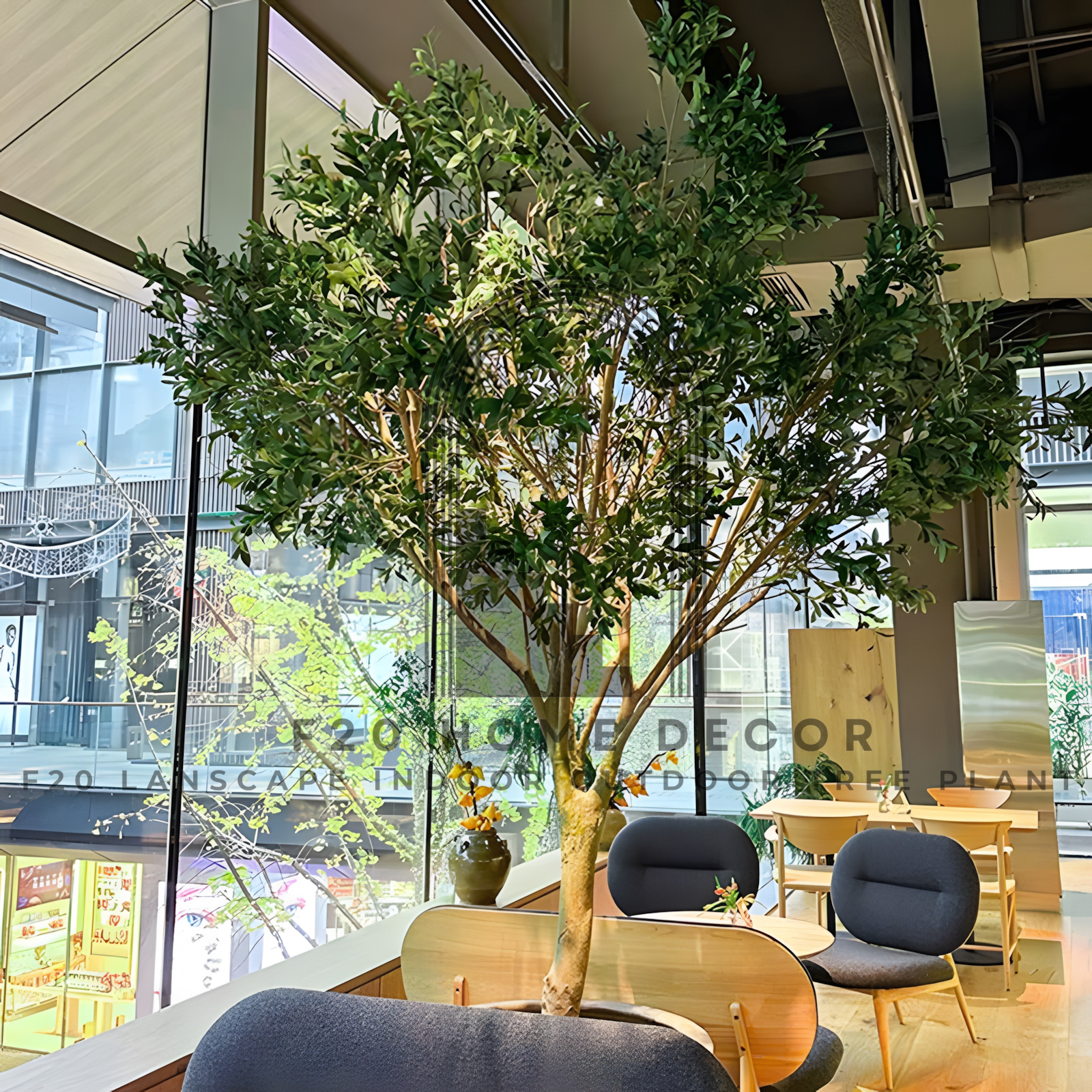 Cây ô liu giả tán lá xum suê trang trí không gian quán cafe