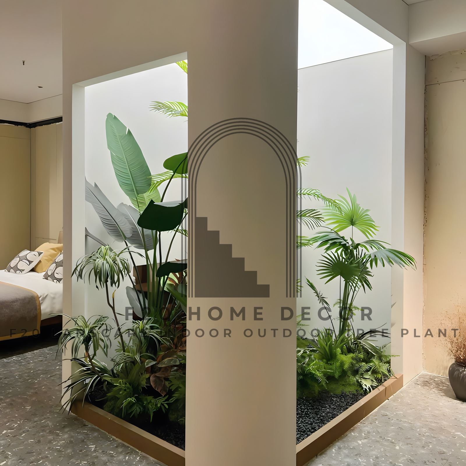 Bộ cây nhựa kèm rêu xanh thi công tiểu cảnh giả trang trí giếng trời trong phòng ngủ