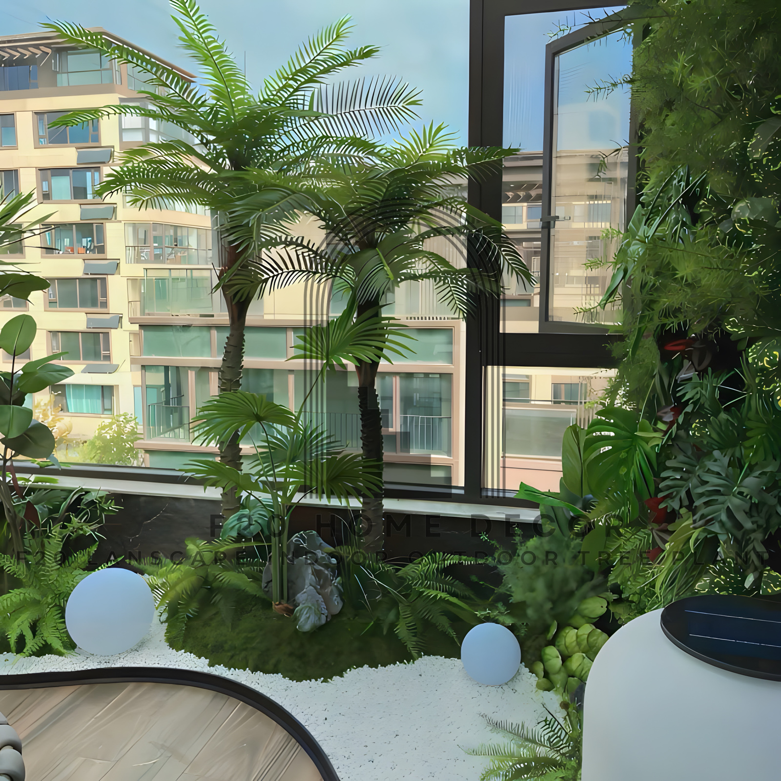 Chi tiết Tường cây Monstera giả kết hợp với tiểu cảnh nhiệt đới