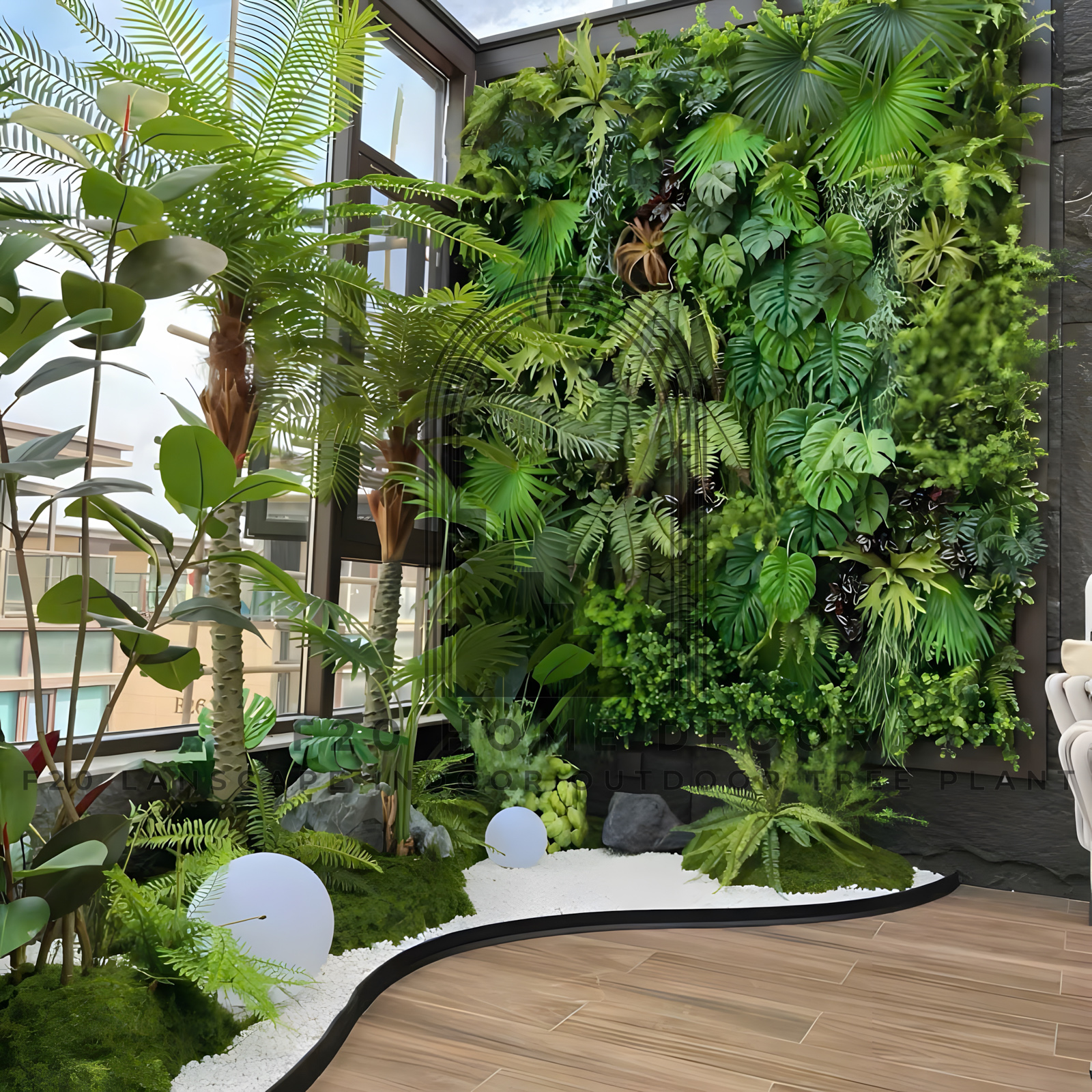 Cụ thể Tường cây Monstera giả kết hợp với tiểu cảnh nhiệt đới