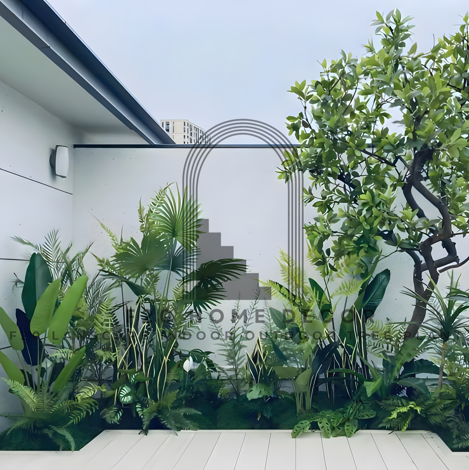 Thi công tiểu cảnh với bộ cây xanh giả trang trí tiểu cảnh sân thượng