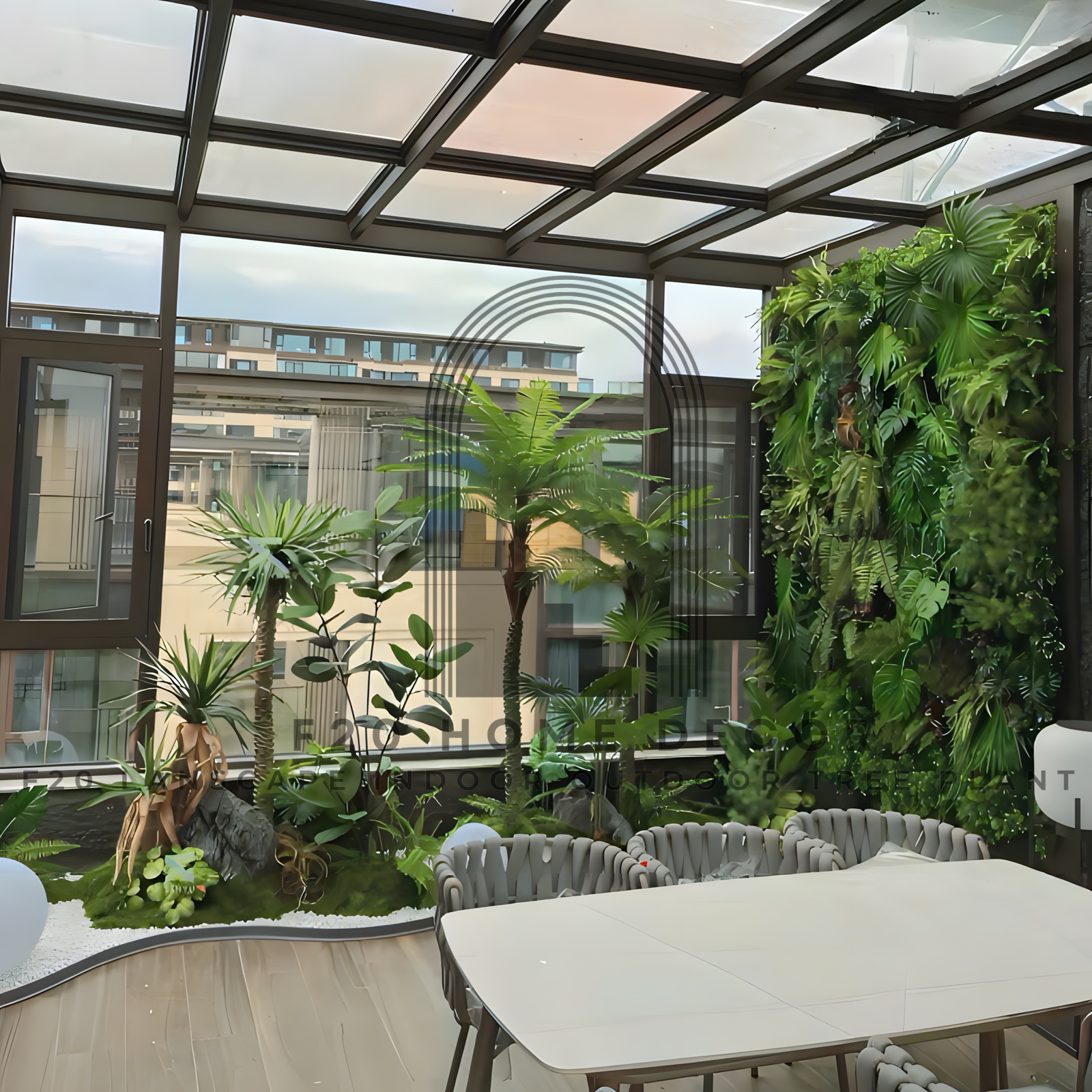 Tường cây Monstera giả kết hợp với tiểu cảnh nhiệt đới