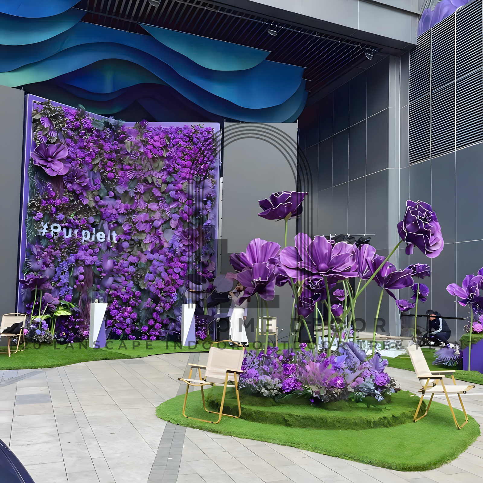 Toàn cảnh Tiểu cảnh tường cây giả tone tím trang trí sự kiện