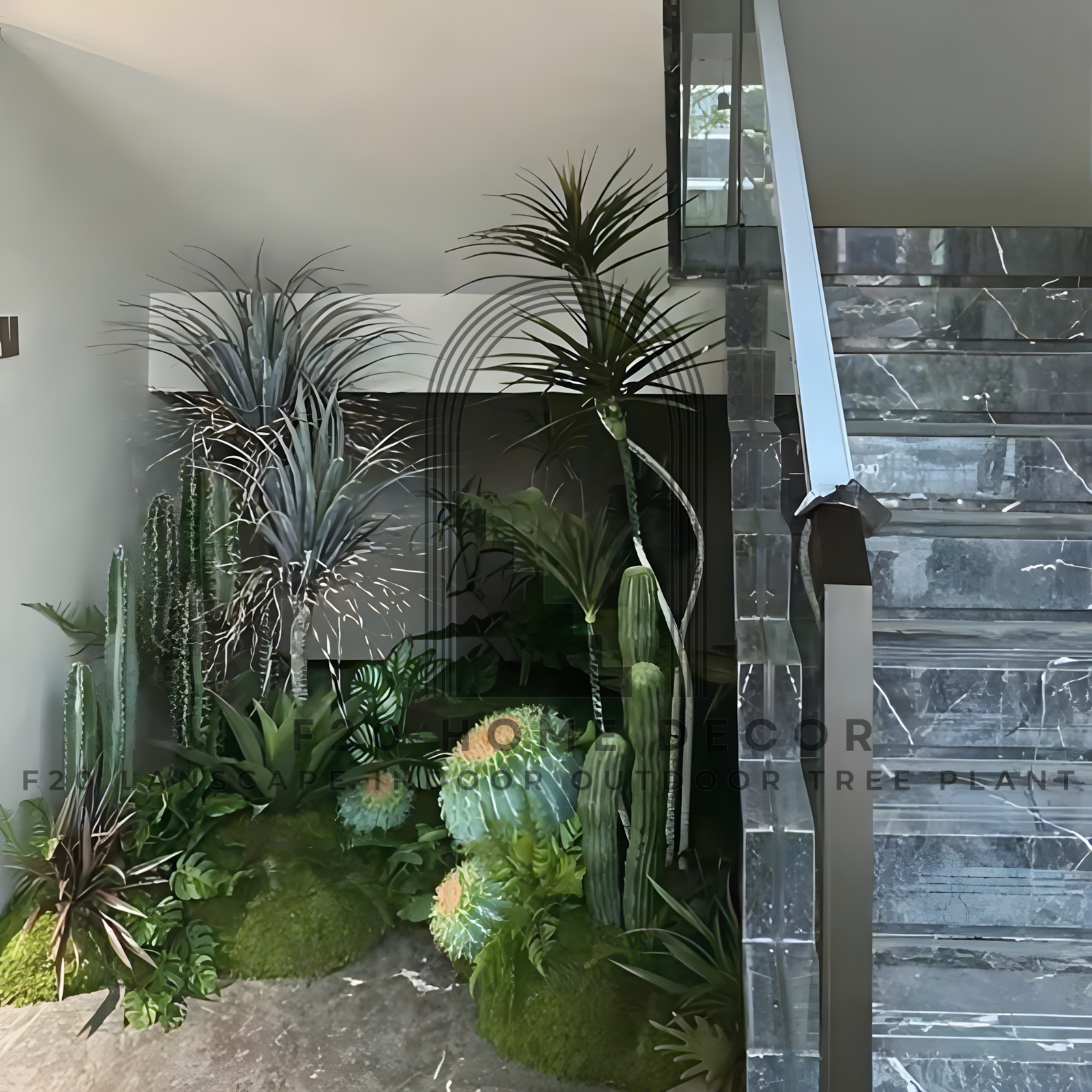 Toàn cảnh Tiểu cảnh cây xương rồng tròn mix huyết dụ giả trang trí cầu thang