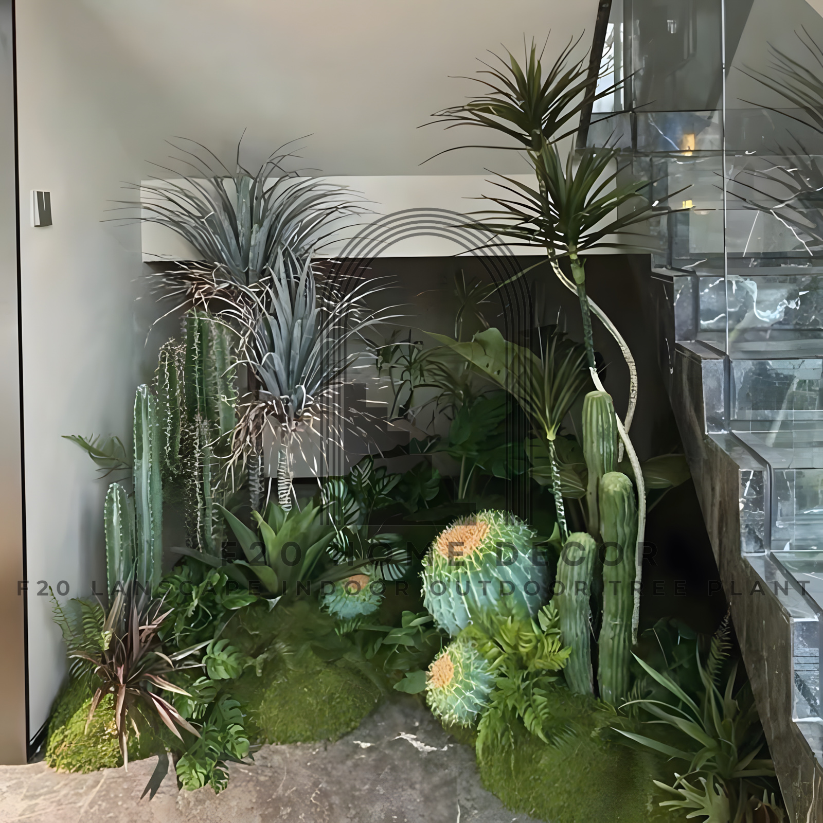 Góc nhỏ Tiểu cảnh cây xương rồng tròn mix huyết dụ giả trang trí cầu thang