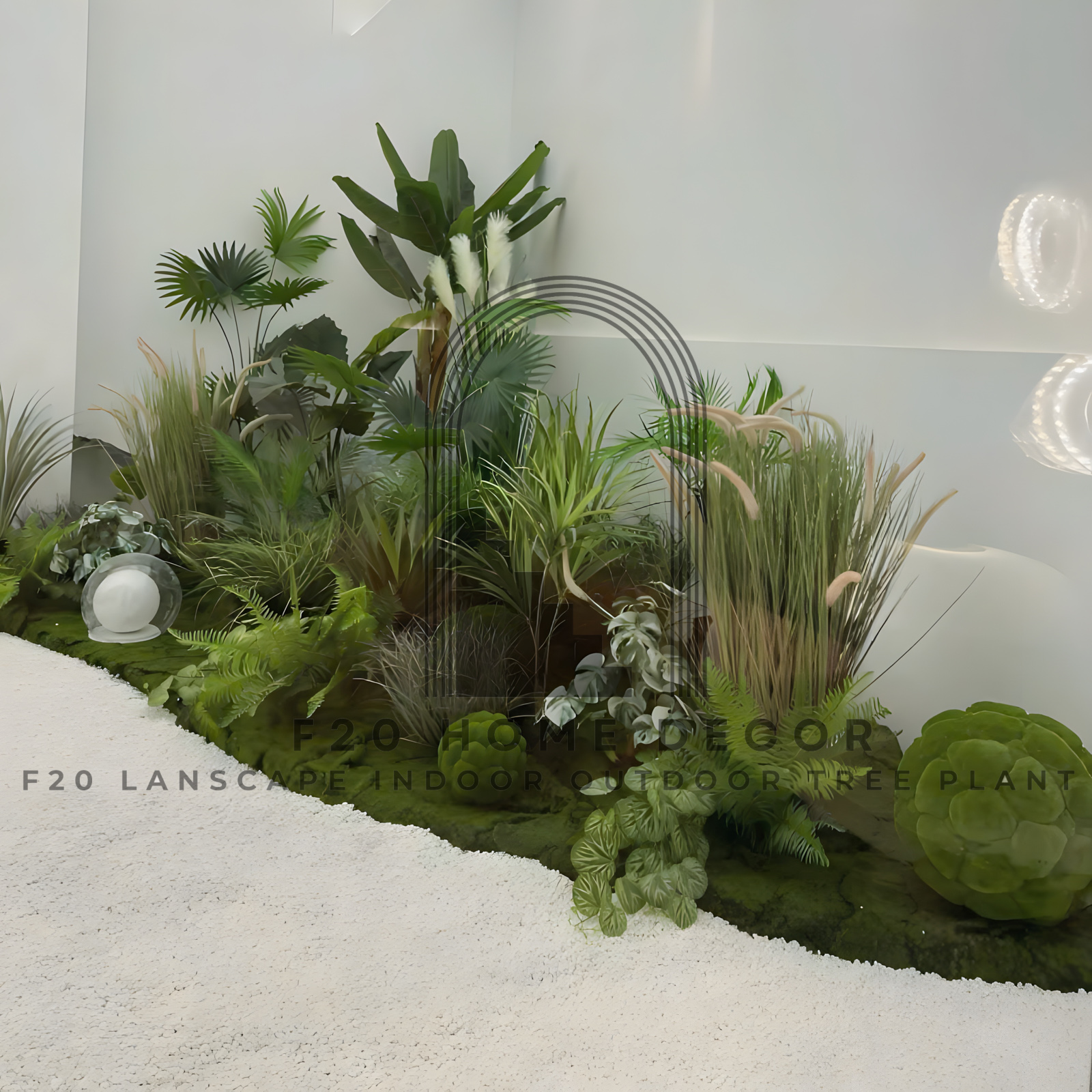 Cụm cây cỏ lau giả mix thuỷ trúc và thảm rêu trang trí tiểu cảnh quán cà phê