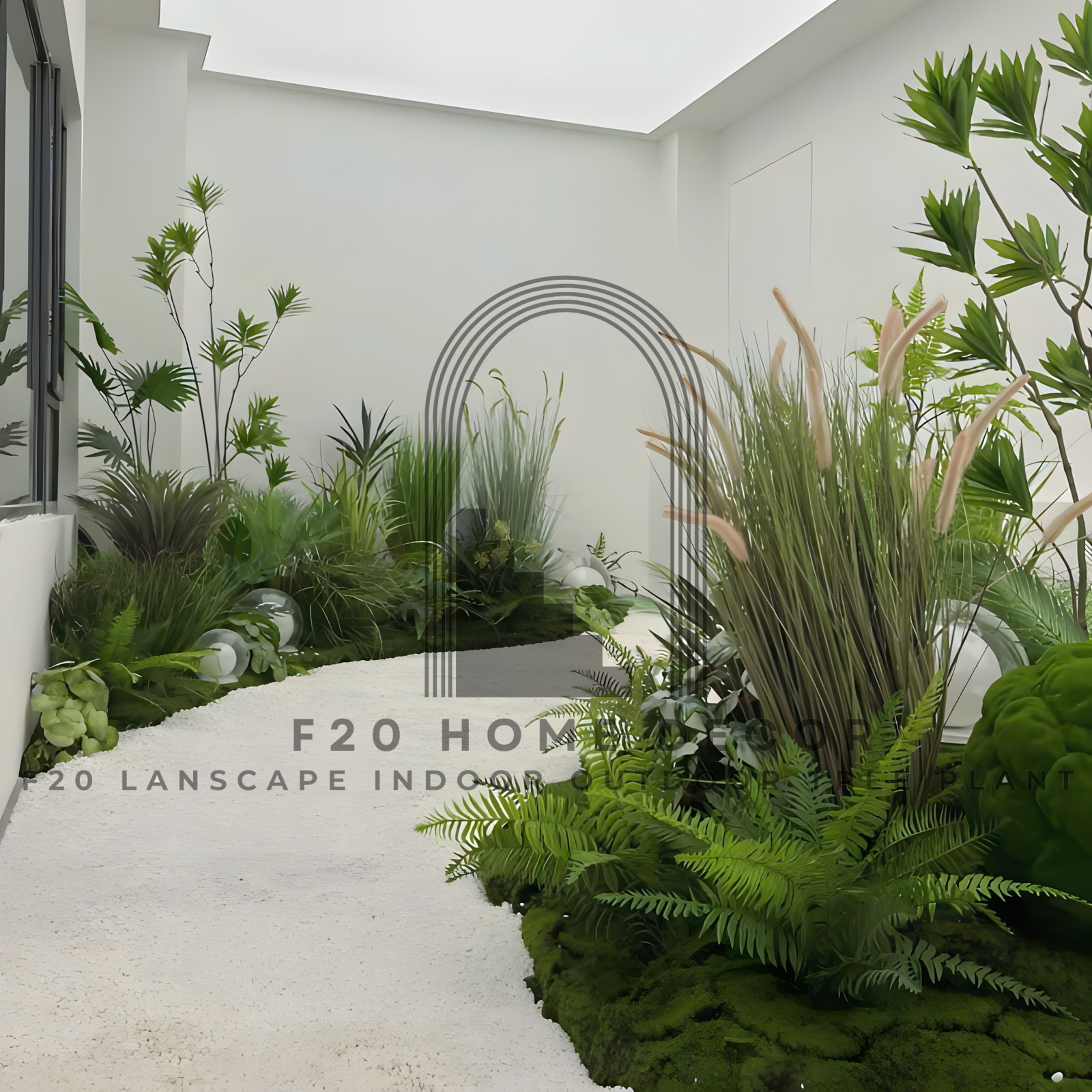 Cụm cây cỏ lau giả mix thuỷ trúc và thảm rêu trang trí tiểu cảnh quán cà phê