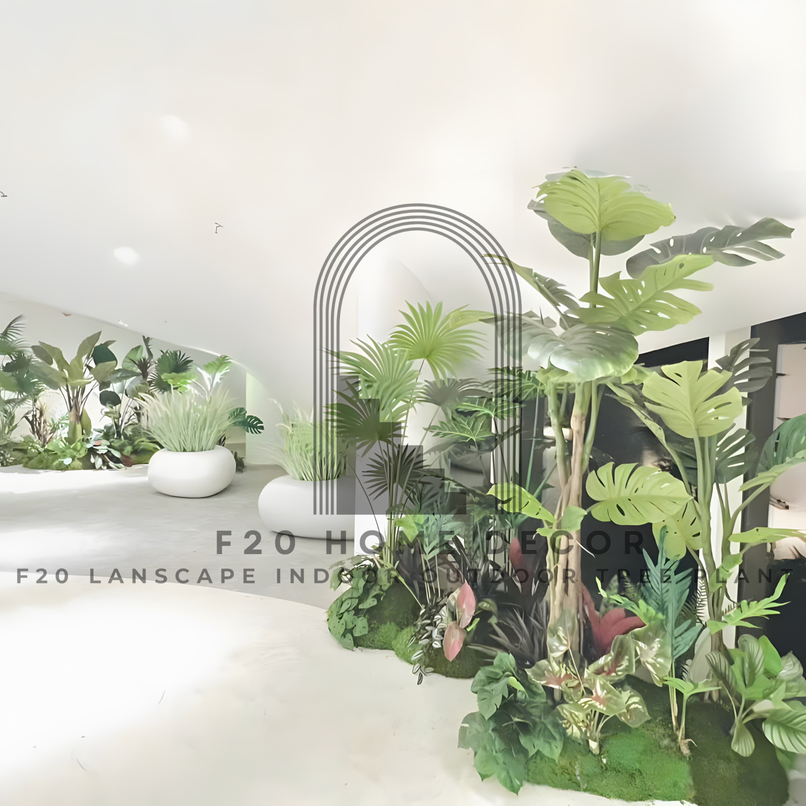 Tiểu cảnh cụm cây giả nhiệt đới trang trí sảnh tiệc cưới trong nhà hàng