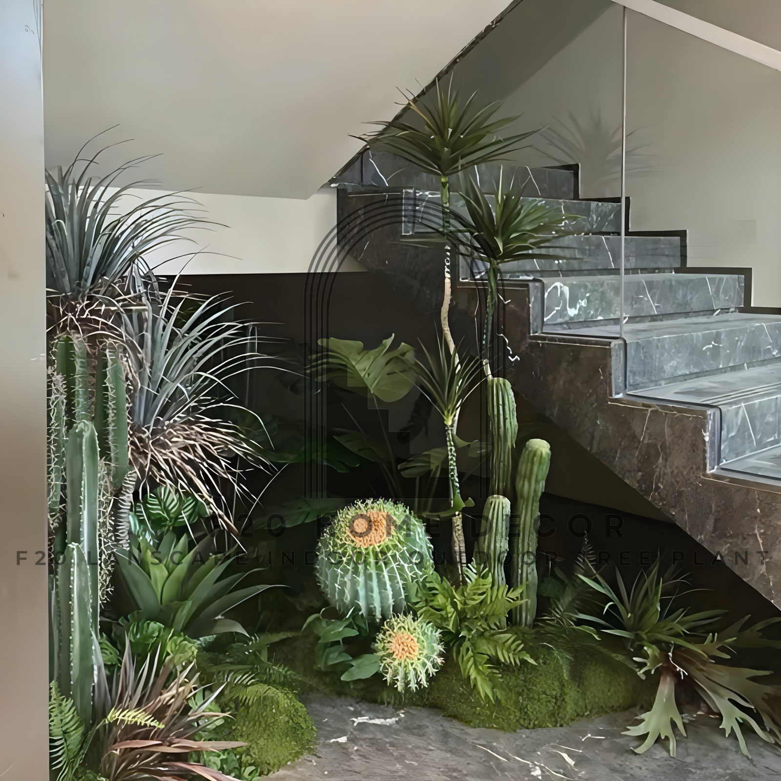 Tiểu cảnh cây xương rồng tròn mix huyết dụ giả trang trí cầu thang