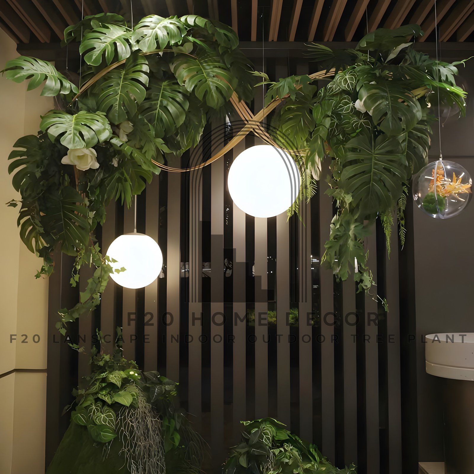 Cụ thể Tiểu cảnh cây Monstera giả kết hợp dây rủ thả tường