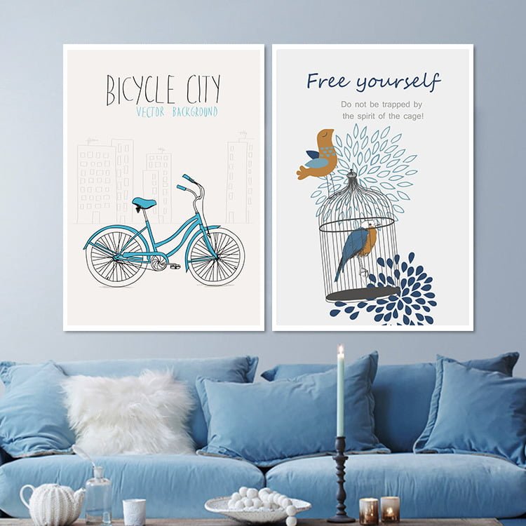 Bộ tranh xe đạp và lồng chim phong cách Vintage