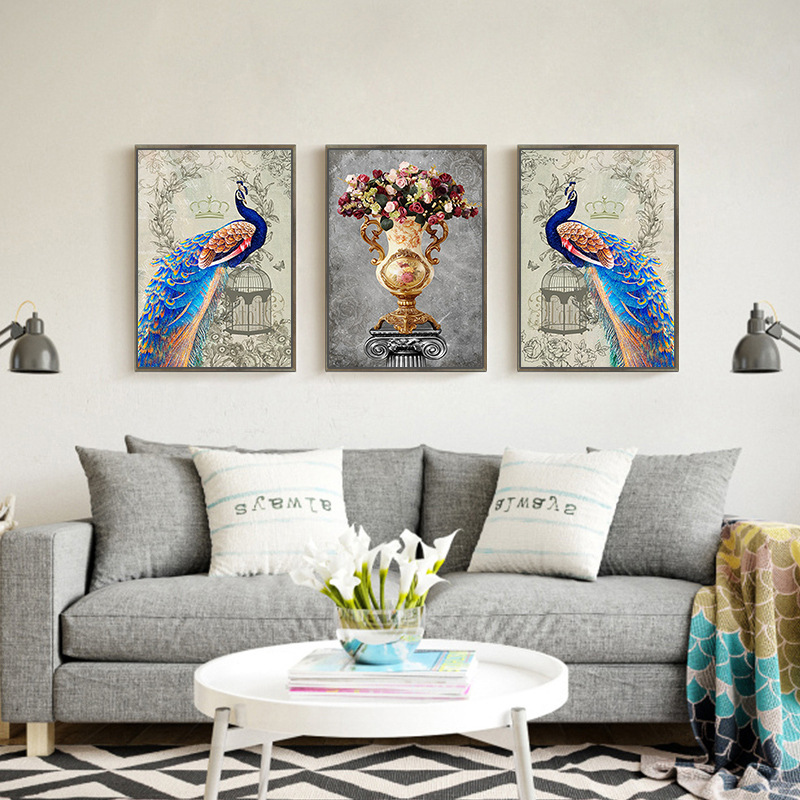 Bộ Tranh treo tường cổ điển Khổng Tước và bình hoa