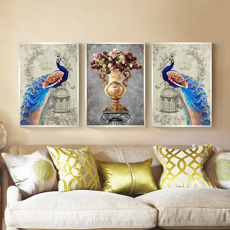 Bộ Tranh treo tường cổ điển Khổng Tước và bình hoa