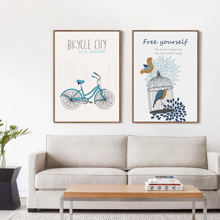 Bộ tranh treo tường xe đạp và lồng chim