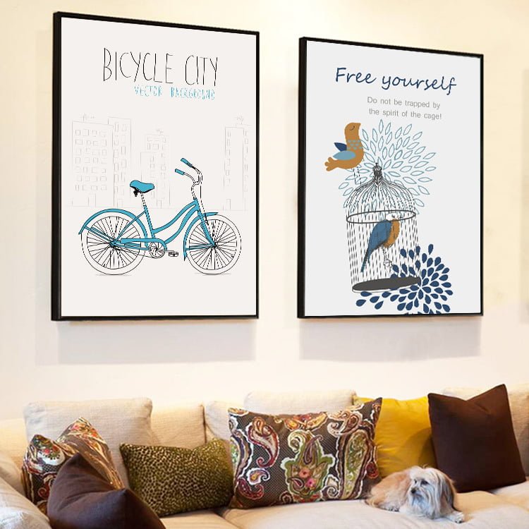 Bộ tranh treo tường xe đạp và lồng chim