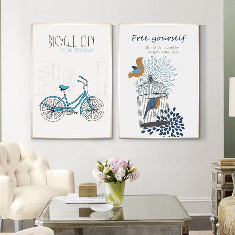 Bộ tranh treo tường xe đạp và lồng chim
