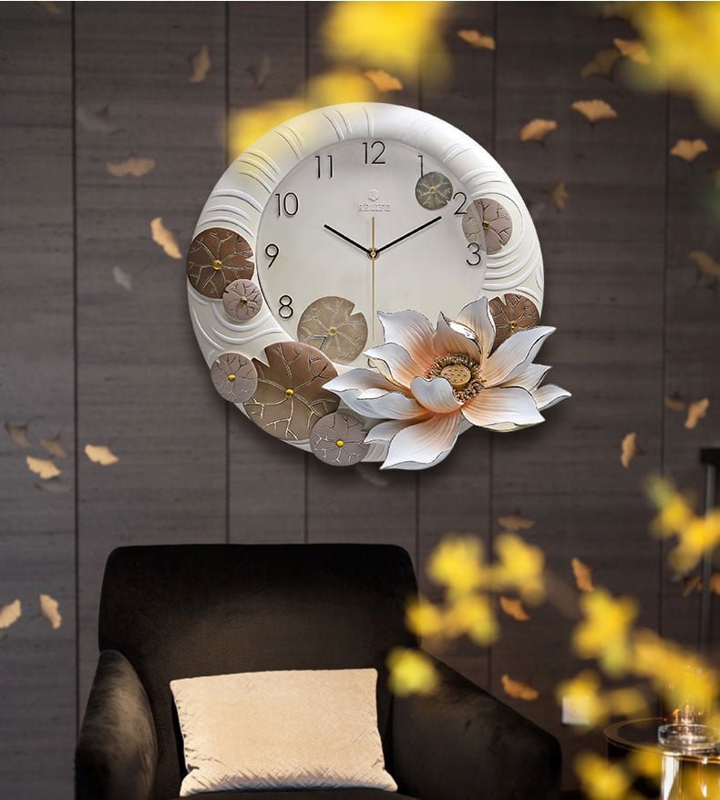 Đồng hồ treo tường cao cấp điêu khắc phù điêu hoa sen