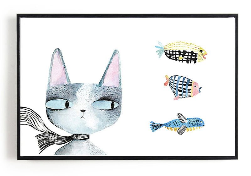 Tranh ốp taplo hình mèo và cá