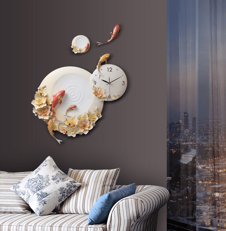 Đồng hồ treo tường cao cấp điêu khắc cá Koi