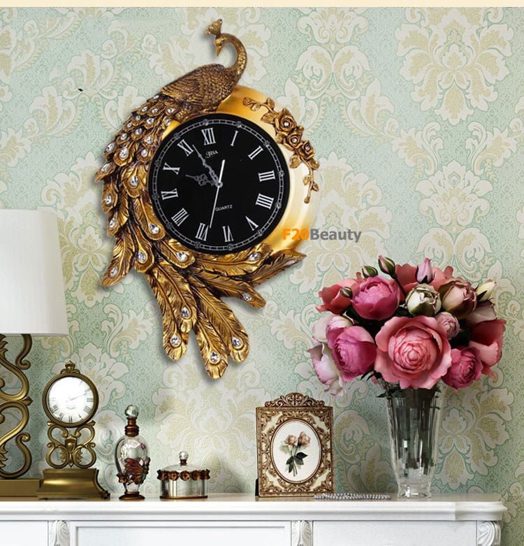 Đồng hồ treo tường nghệ thuật chim công hạnh phúc