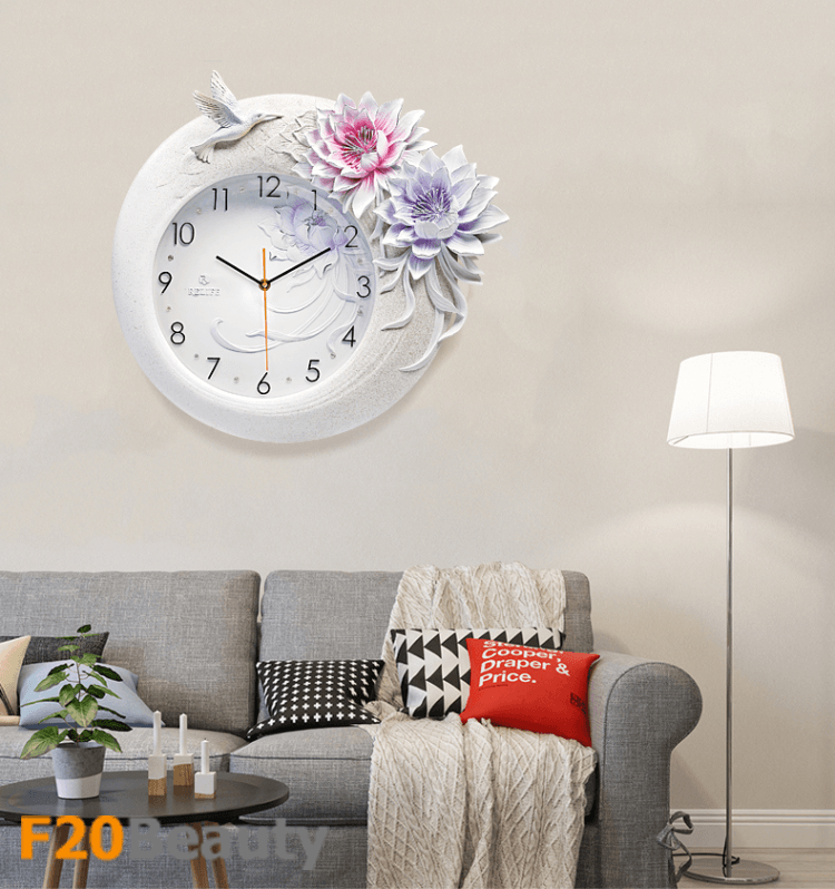 Đồng hồ treo tường phù điêu chim và hoa sen trang trí phòng khách