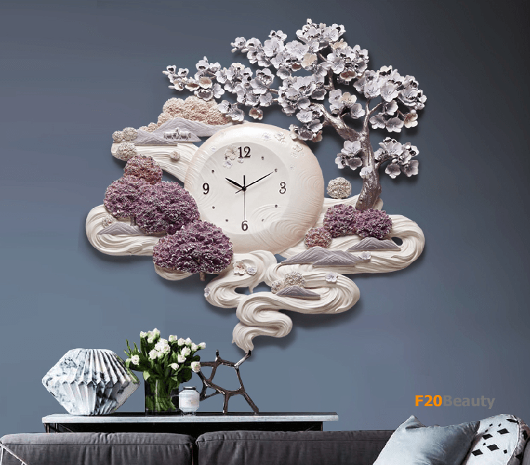 đồng hồ treo tường cây chiêu tài trong trang trí phòng khách