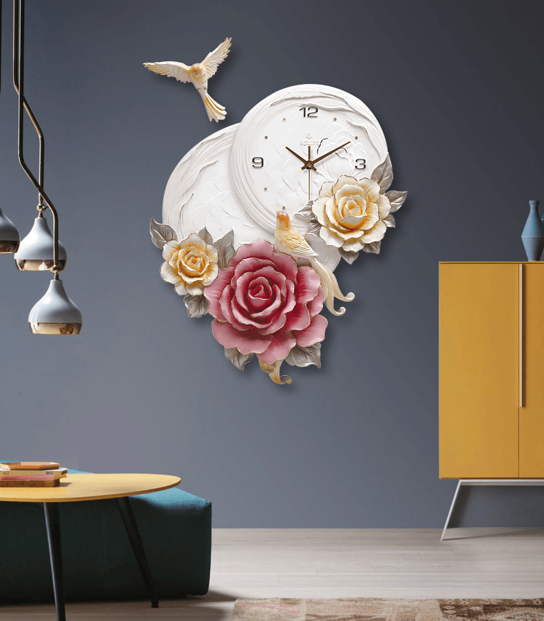 Đồng hồ nghệ thuật chim uyên ương trong trang trí phòng khách