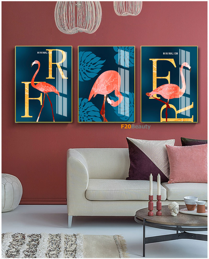Bộ 3 bức tranh phù điêu thủy tinh Flamingo