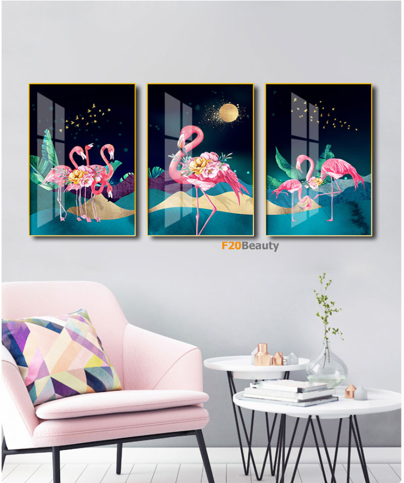 Bộ 3 bức tranh phù điêu thủy tinh Flamingo